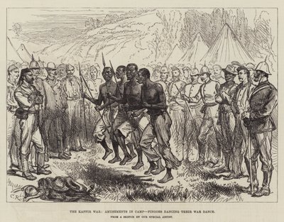 De Kaffir Oorlog, amusementen in het kamp, Fingoes die hun oorlogsdans dansen door Sir John Charles Robinson